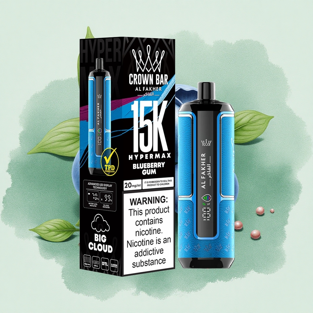 Al Fakher Crown Bar 15K Hypermax Blueberry Gum Disposable Vape with 22ml E-Liquid & Type-C Charging